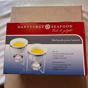 Nantucket Seafood Ceramic Melting Pots with Chrome Stands & tealights NWT
